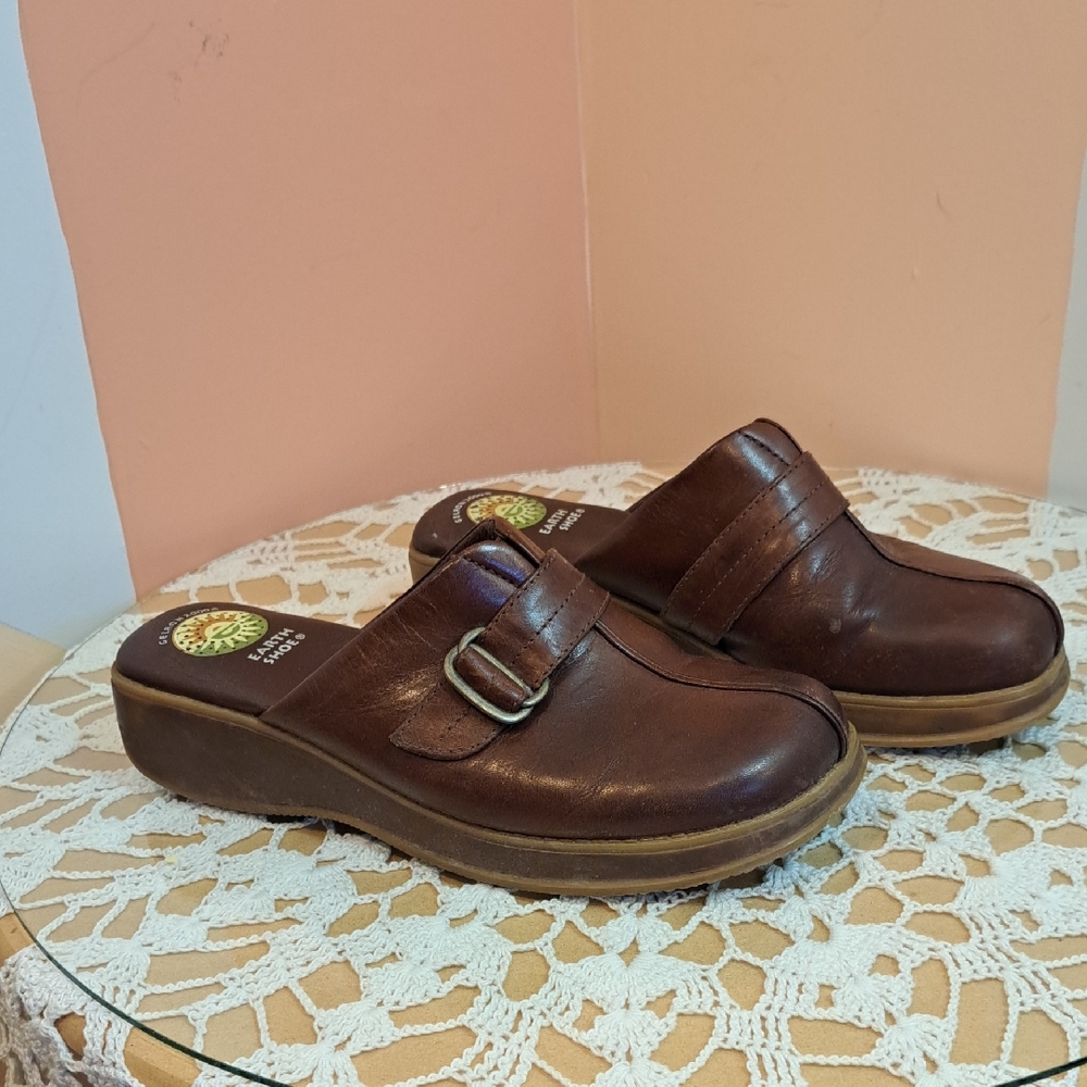 Women’s Brown Leather Slip-On Clogs with Buckle Accent